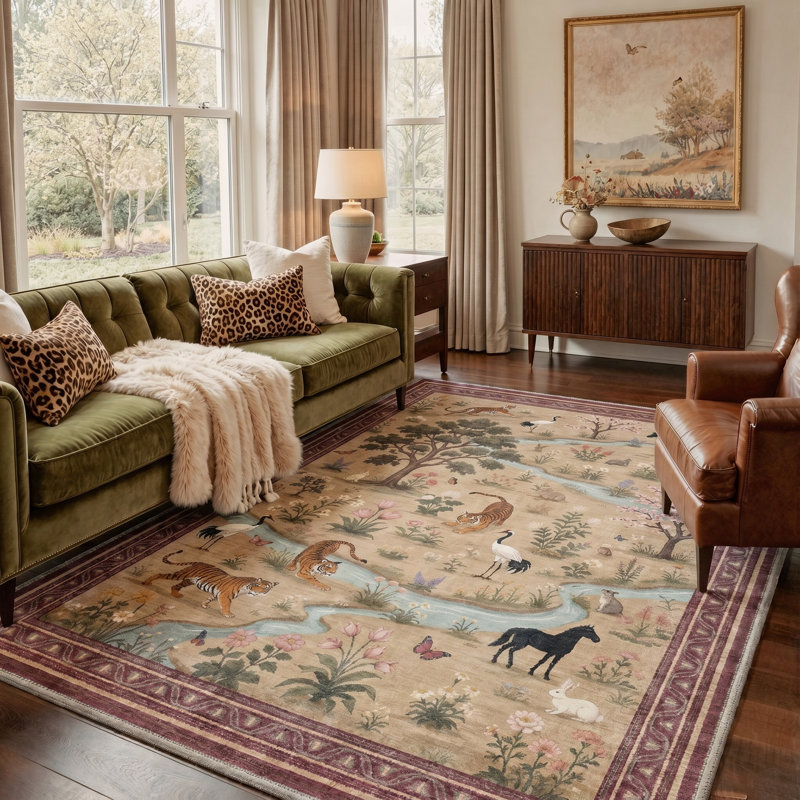 Alcoa Wild Paws Animal Print Machine Washable Beige Indoor Area Rug with Non-Slip Backing, Rectangle 5' x 7'