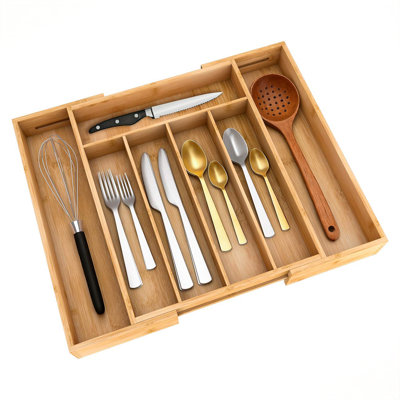Kitchen Utensil Silverware Drawer Organizer - Bamboo Flatware Cutlery Tray With 5 Compartment And 2 Expandable Dividers For ALL SIZE Forks Knives And Spoons