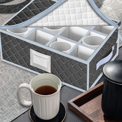 Dinnerware Storage Containers Set- Dish,Mug,Stemware Storage Cases - Quilted Box Bins Stackable With Divider,Set Of 6