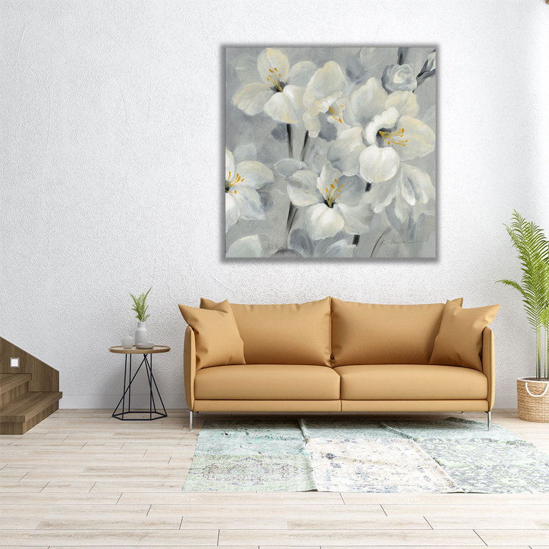 Fleurs sur fond gris II - reproduction d'art sur toile, H 16 po x l 16 po