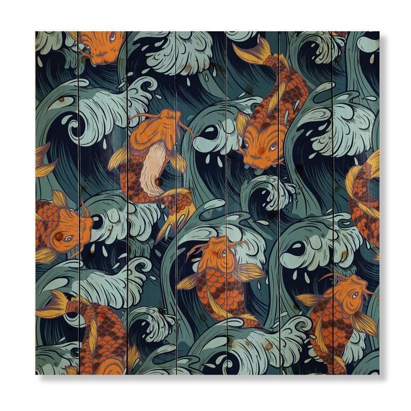 Poisson koi japonais - Impression nautique et côtière sur bois de pin naturel, H 25 po x l 25 po x P 0,78 po