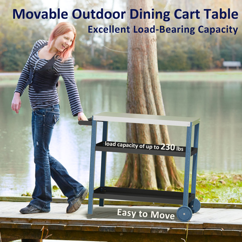 Outdoor Grill Table Cart with Stainless Steel Top&3-Shelf, 33.5" H x 19.7" W x 34" D, Navy Blue/Black/White