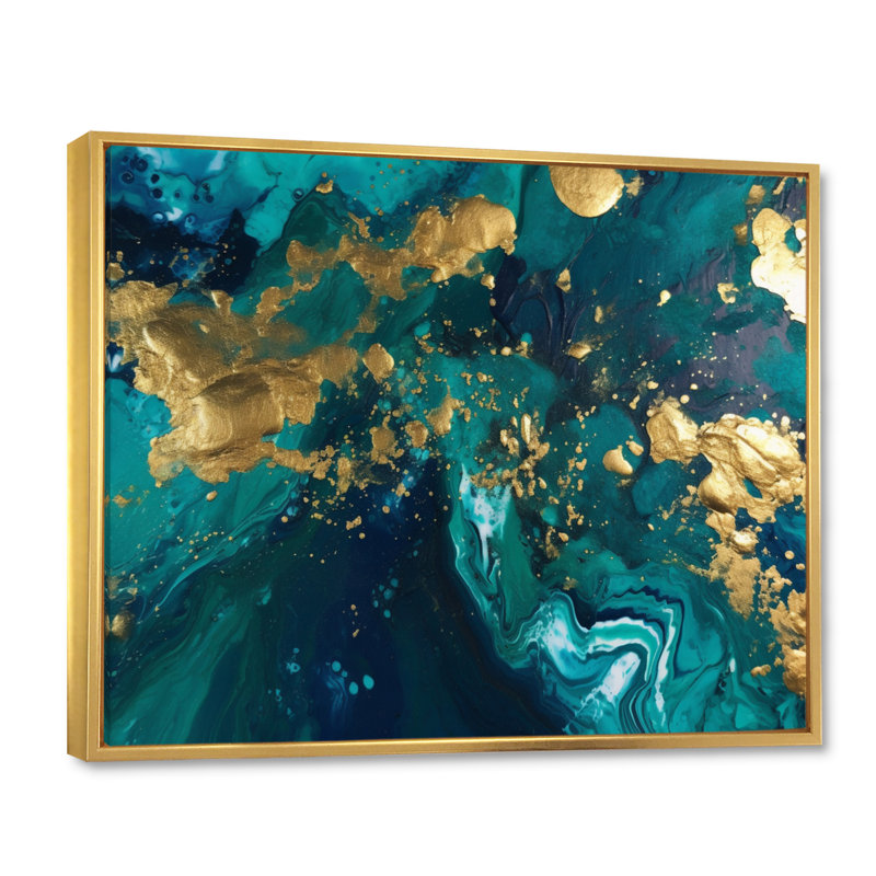 Bleu sarcelle et or liquide Magic II - art mural abstrait, H 34 po x l 44 po x P 1,5 po, Cadre flottant doré