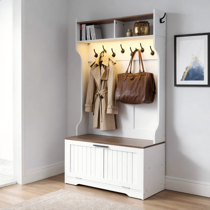 Multi Functional Entrance Hall Tree, Integrated With Benches, Hangers, Shoe Cabinets, Equipped With LED Lights, Hooks, And Open Grids, White Peach Wood Versatile Corridor