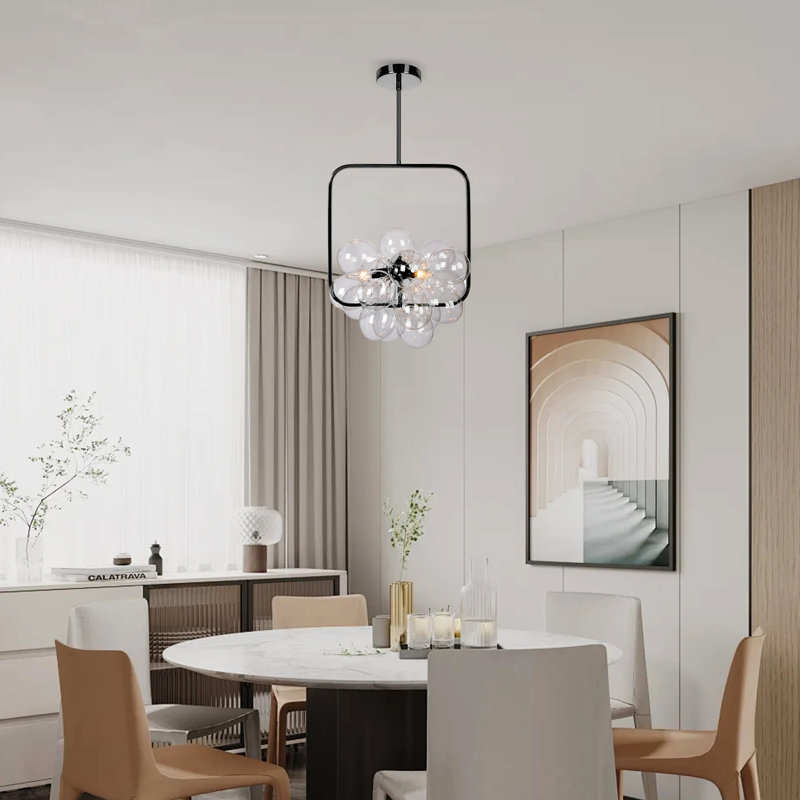 Modern Dimmable Glass Bubble Sphere Chandelier, Dia 15", Matte Black, Clear