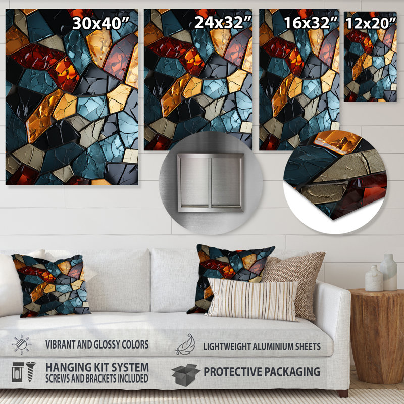 Carreaux de mosaïque cubique dorée et bleue I - Art mural en métal abstrait, H 20 po x l 12 po x P 1 po