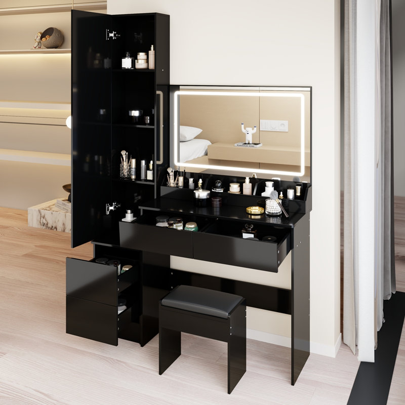 Extra Large LED Mirror Vanity Table + LED Dressing Mirror Cabinet, Black