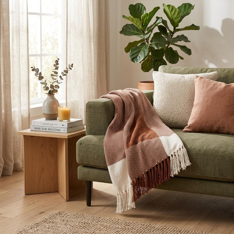 Jeté rayé en coton tissé orange brûlé