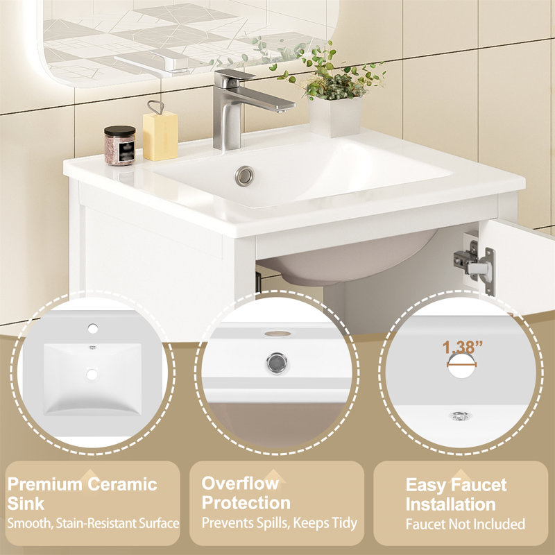 Meuble-lavabo simple autoportant de 20 po avec porte à fermeture en douceur, tiroir divisé et support, Blanc