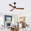Ventilateur de plafond en bois massif à 3 tiges de 52 pouces avec kit d'éclairage à DEL à intensité variable, 6 vitesses DC, télécommande pour patio, salon, chambre à coucher, bureau, intérieur (noir mat + bois)-129418040-129418041