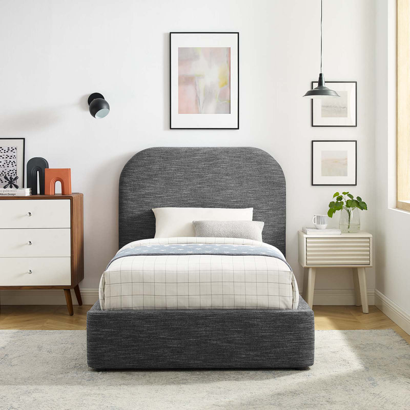 Keynote Upholstered Fabric Curved Platform Bed, Twin, Heathered Weave Slate