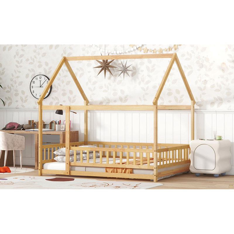 Lit double en bois pleine grandeur avec structure de toit, Lit double, Natural
