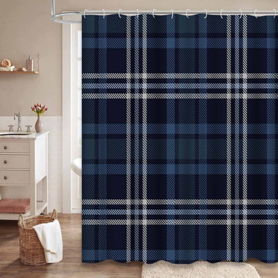 Seamless Tartan Plaid Checkered Blue Shower Curtain with 12 Hooks