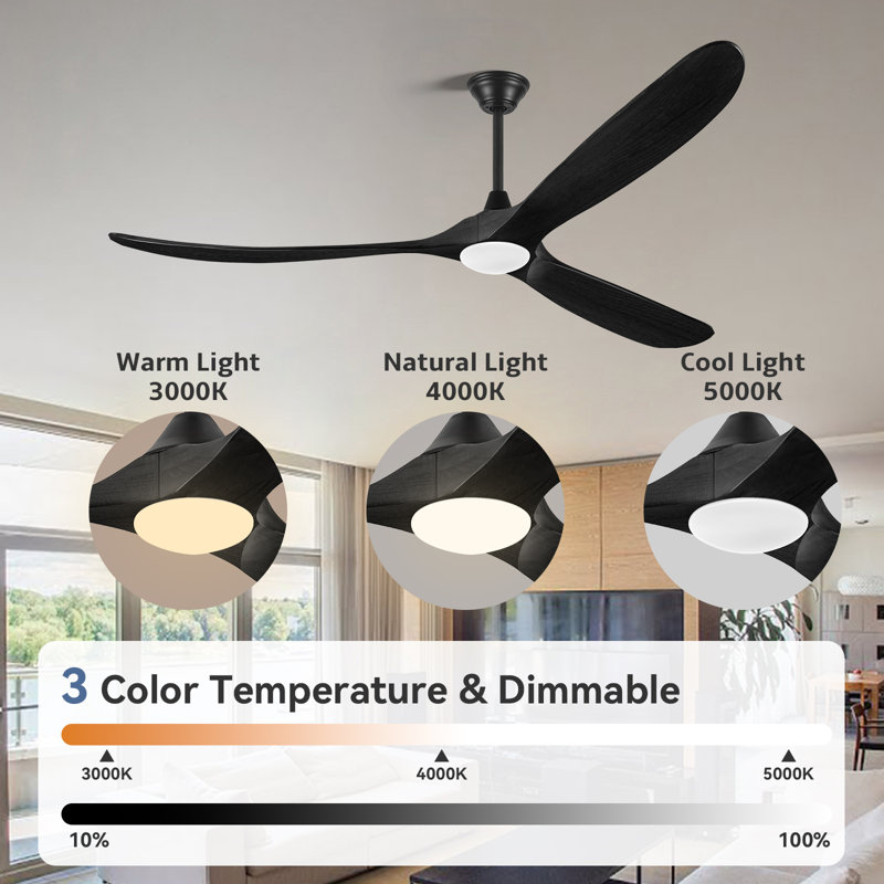 Ventilateur de plafond intelligent avec lumière et télécommande, télécommande et application, pales en bois massif, moteur à courant continu réversible
