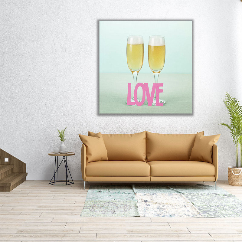 Champagne Glasses with the Letters Love - reproduction d'art sur toile, H 16 po x l 16 po