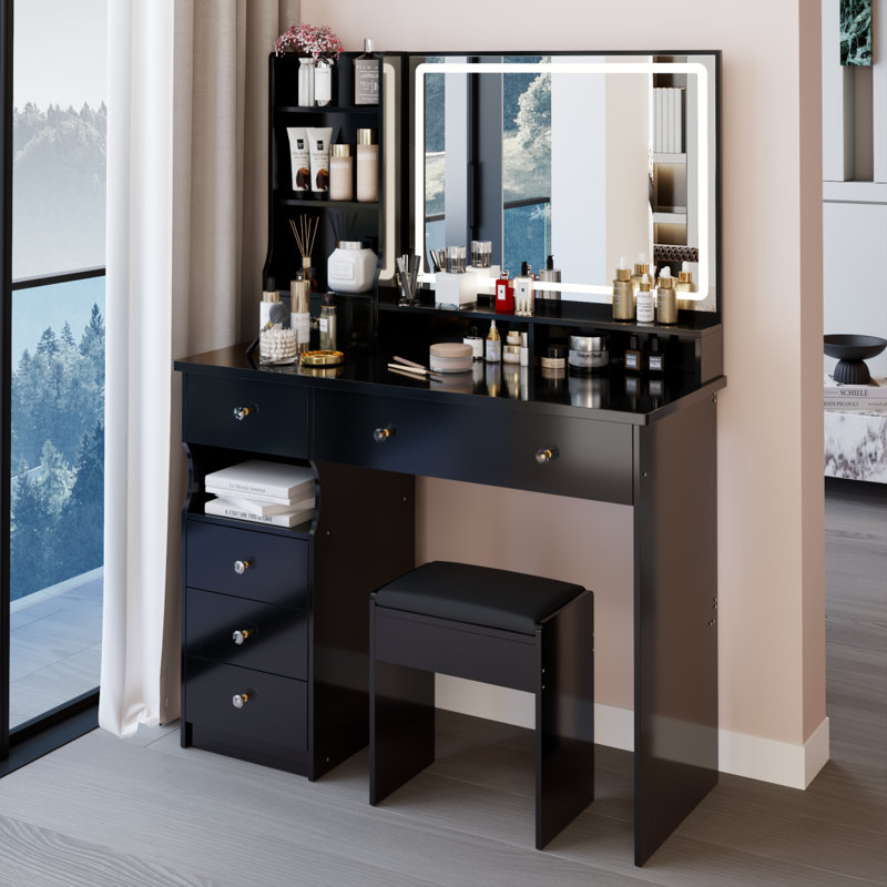 Table de coiffeuse 41 "avec miroir à DEL et rangement pour grand espace, Noir