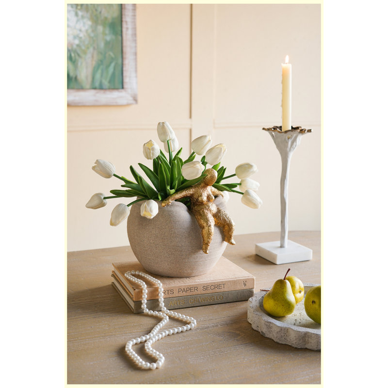 Jardinière ronde de 9,3 x 8,8 x 8,8 pouces avec figurine dorée abstraite, pot de fleurs décoratif pour plantes d'intérieur