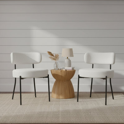 Mid-century Modern White Boucle Upholstered Dining Chairs,  With Curved Back & Black Metal Legs by Red Barrel Studio