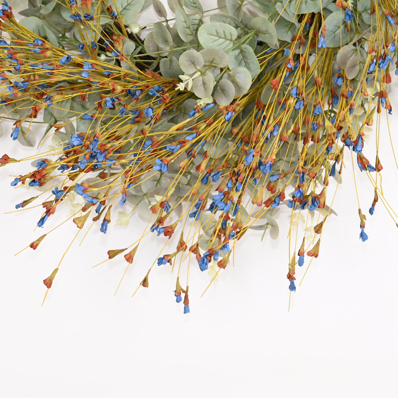 26" Artificial Farmhouse Blossom Cluster Eucalyptus Greenery Foliage Wildflower Fall Wreath For Front Door, Blue/Green