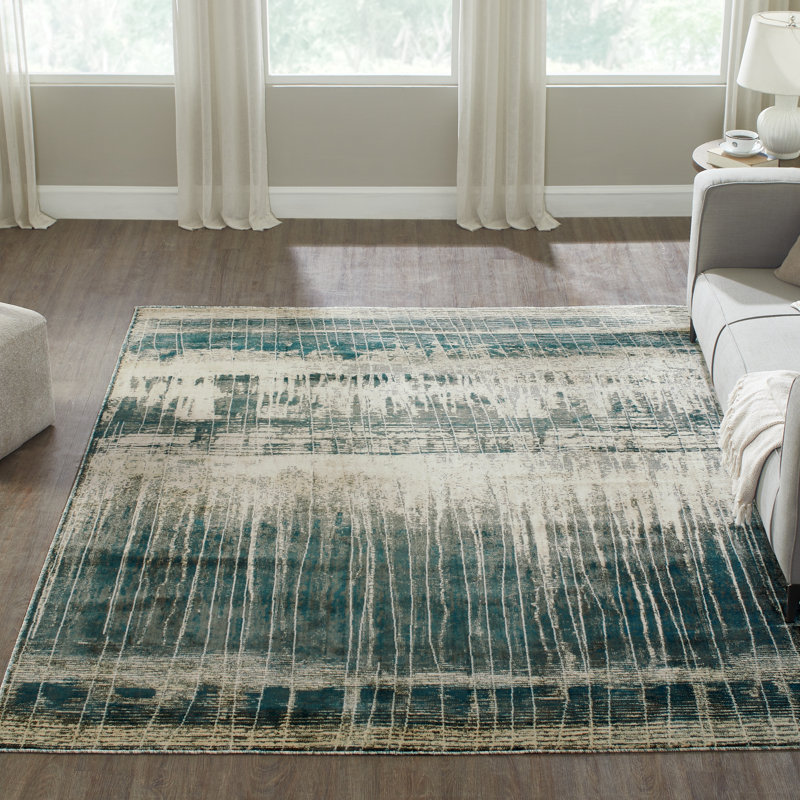 Strato Ocean Tides Abstract Teal/Beige Area Rug, Rectangle 9'6" x 13'6"