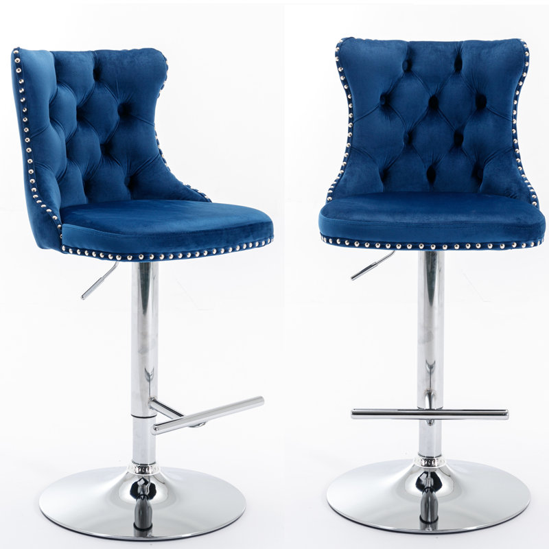Daijiah Swivel Upholstered Adjustable Height Counter Stool, Gold, Blue