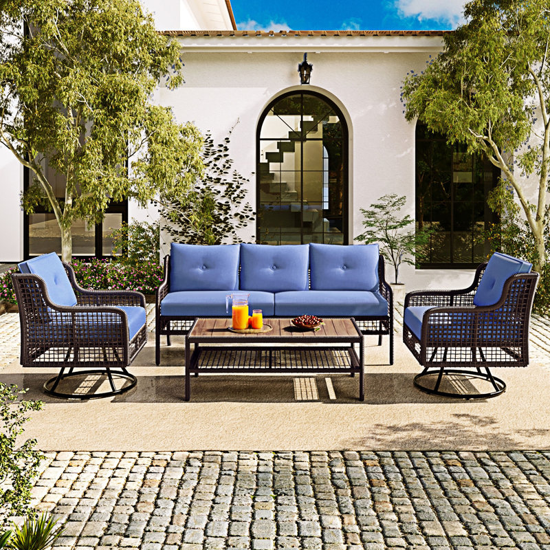 4 Pieces Outdoor Conversation Set, Blue, Brown