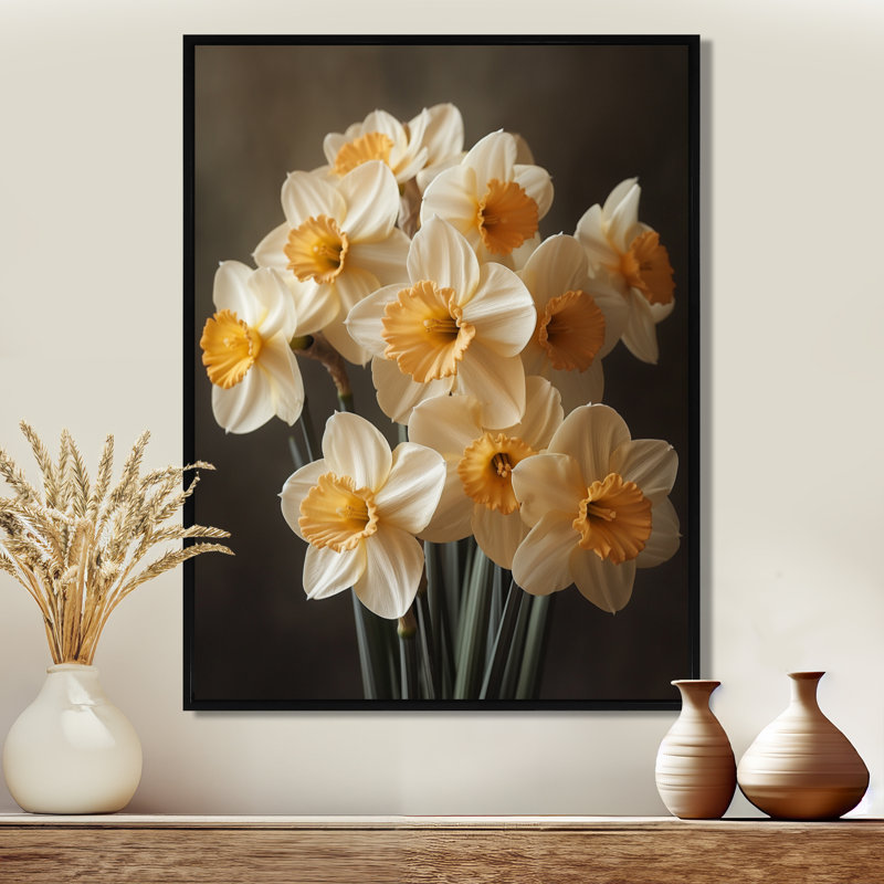 Blanc, jaune, soleil, éclaboussures, jonquilles, jonquilles, art mural, salon, Cadre flottant noir, H 30 po x l 40 po