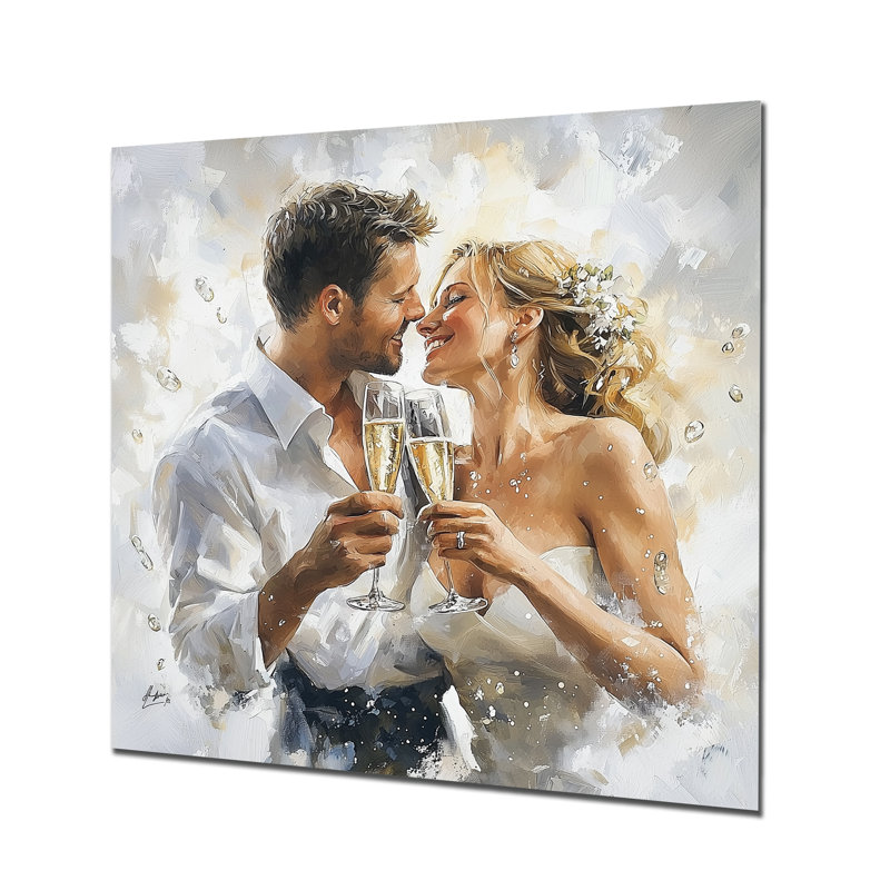 Couple, mariage, champagne, toast - Célébrer la motivation, impression sur métal moderne, H 29 po x l 29 po
