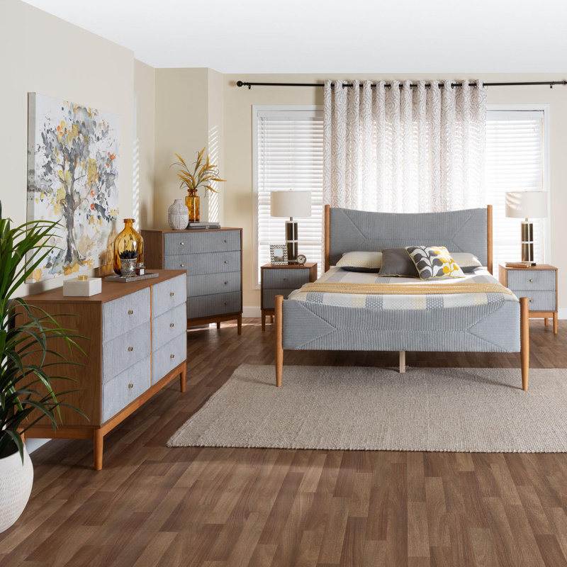 Taylin Mid-Century Grey Corduroy And Oak Brown Wood Queen 5-Piece Bedroom Set