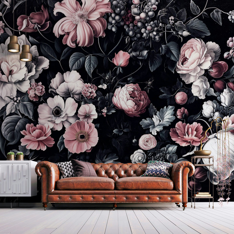 Papier peint floral rétro avec pivoines botaniques foncées, L 120 po x L 96 po
