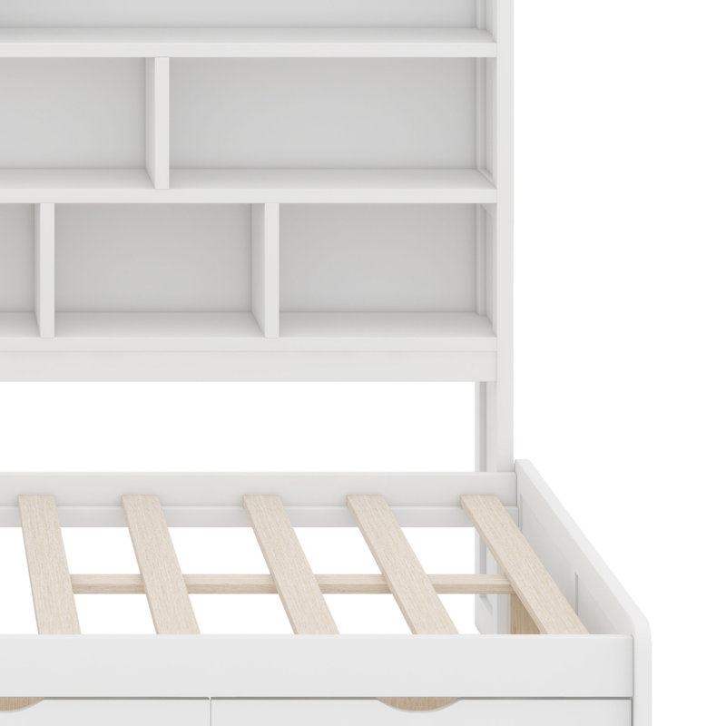 Lit de jour avec tiroirs, bureau, tablettes et lumières, Blanc