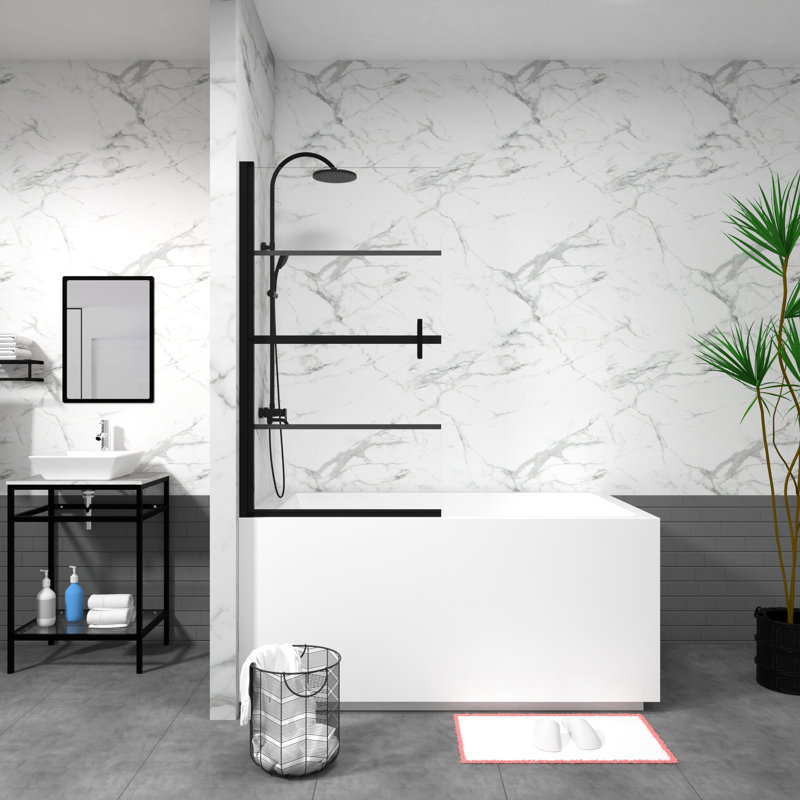 Black Tempered Glass 180 Pivot Shower Door, 55"X31.5", Strongly Hold Pieces Handle Bathtub Glass, Stable Hinge Connection