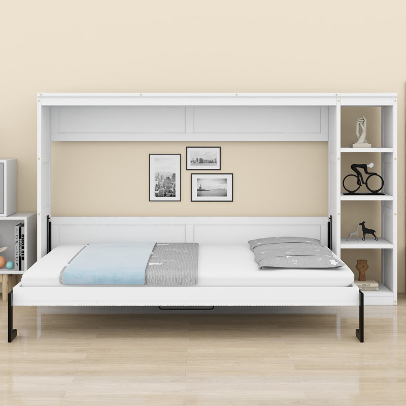 Lit escamotable avec rangement pour bibliothèque, Blanc