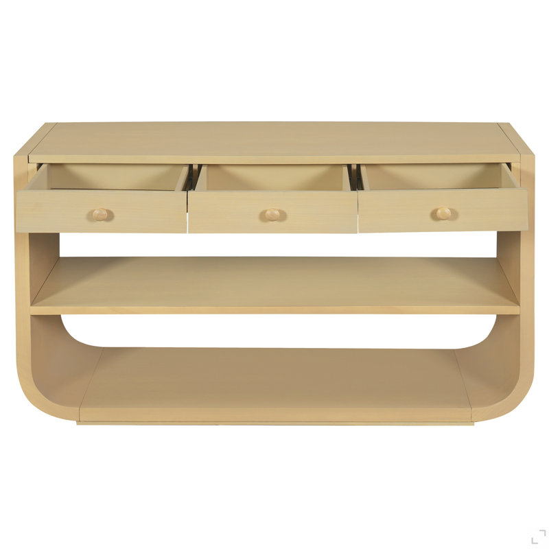 Console moderne courbée avec 3 tiroirs à fermeture en douceur et 2 tablettes ouvertes, base en bois massif, table de vestibule pour le vestibule du salon