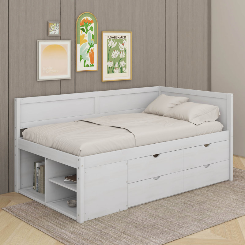Lit de jour avec tiroirs et tablettes, Lit simple, Blanc