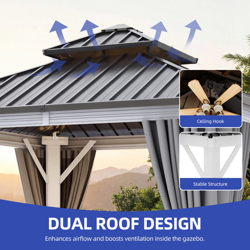 10x10 ft Outdoor Hardtop Gazebo with Double Roof & Curtains, Aluminum Frame, Mesh Netting, and Hanging Hooks – Weatherproof Canopy Pavilion for Patio & Backyard