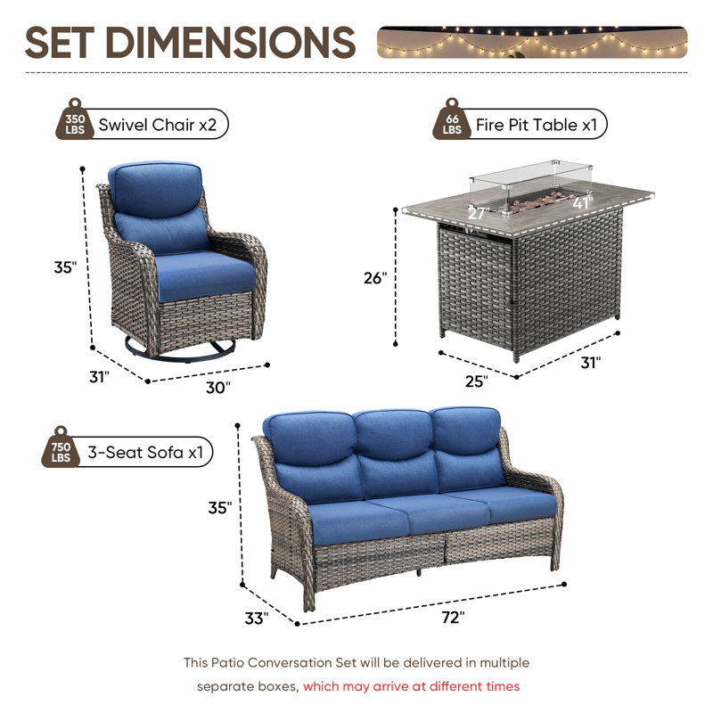 Anner 4-Piece Wicker Rattan Patio Conversation Set With Rectangle Fire Pit Table And Swivel Gliders, Gray, Blue