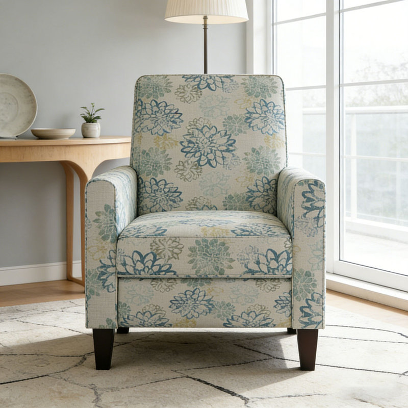 Fauteuil inclinable rembourré 27,5 po avec pieds en hêtre massif, Polyester, Bleu