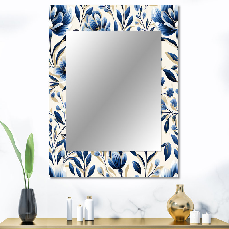 Fleur de damas bleu et blanc Stanson - miroir floral, miroir mural décoratif floral, impression d'art en métal, 40 po x 30 po