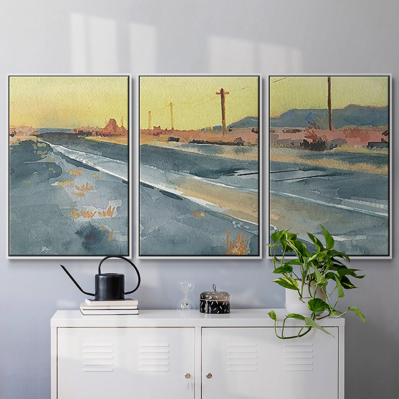 «Deserte Highway I», reproduction sur toile 3 pièces, H 40 po x l 78 po, Cadre blanc