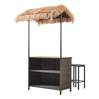 Juiciaca 3-Piece Wicker Patio Bar Set With 2 Stools And Raffia Canopy, Patio Dining Set For Backyard, Poolside, Balcony