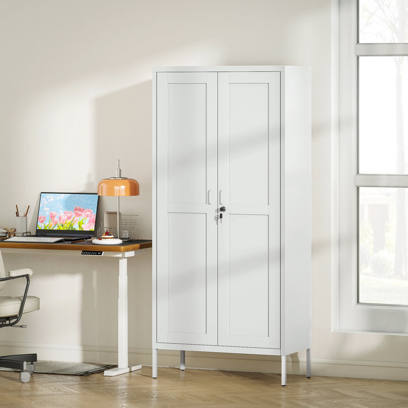 Armoire de rangement en métal avec 2 portes, classeur verrouillable, blanc
