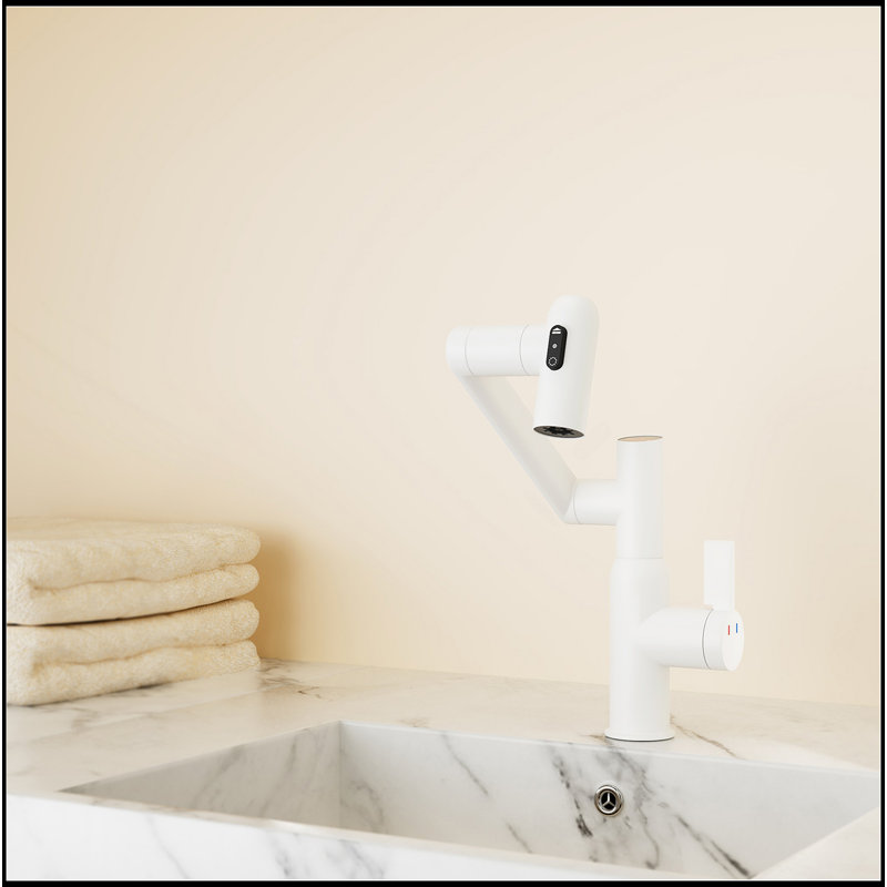 Robinet de lavabo de salle de bain blanc avec fonction de jet et affichage de la température pour interrupteur antidérapant et chaud / froid et rotatif à 360 °