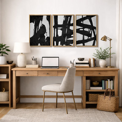 BAW ", noir et blanc, gris, coup de pinceau audacieux, peintures murales abstraites et contemporaines modernes, impression sur toile encadrée, 3 pièces