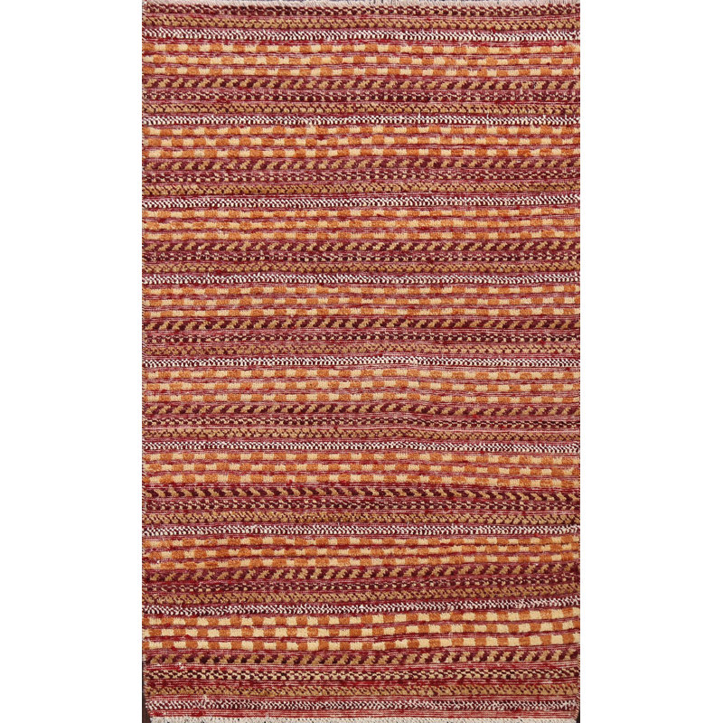 Tapis rouge en laine noué à la main de conception unique 2 pi 7 po x 4 pi New Age