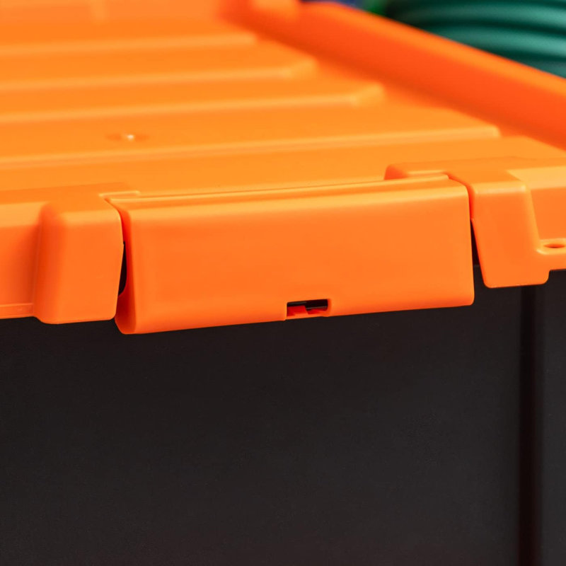 20 Gallon Lockable Storage Bins With Lids, 2 Pack - , Heavy Duty, Stackable Containers, Garage Organizing Bins Moving Tubs, Rugged Sturdy Equipment Utility Box - Black/Orange