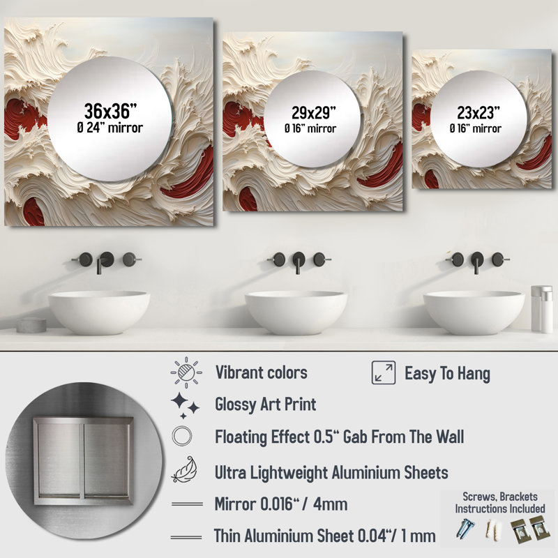 Candus - art mural miroir à vagues carrées de style côtier blanc et rouge, 29 po x 29 po