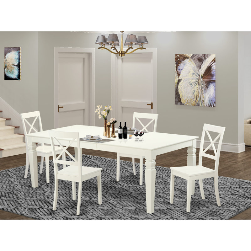 5 Piece Modern Dining Table Set Includes a Rectangle Wooden Table with Butterfly Leaf and 4 Kitchen Dining Chairs, 42x84 Inch, Linen White