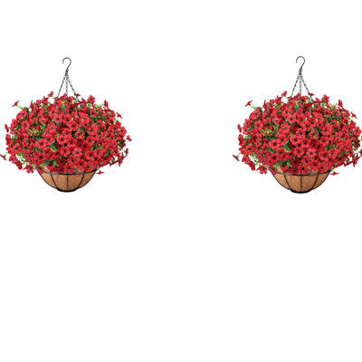 2 Pack Artificial Hanging Flowers Basket With Hanging Basket for Outdoors Fake Hanging Plants Spring Summer Decoration UV Resistant for Garden Front Porch Patio Balcony Decor