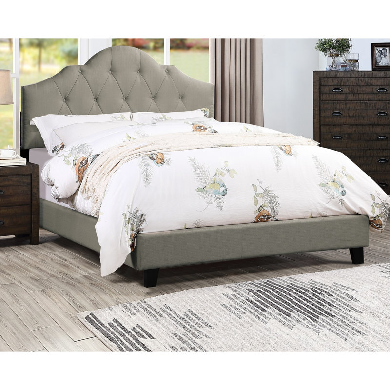 Grey Upholstered Queen Bed, Arch Design Wooden Bedframe, Adjustable Headboard, Modern Size